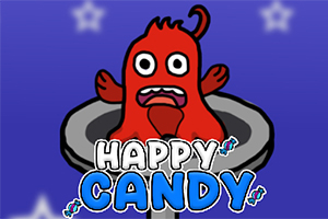 Červená kreslená postavička s vystrašeným výrazem v kulatém šedém objektu na modrém pozadí s bílými hvězdami a nápisem HAPPY CANDY