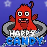 Červená kreslená postavička s vystrašeným výrazem v kulatém šedém objektu na modrém pozadí s bílými hvězdami a nápisem HAPPY CANDY