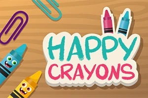 Barevné pastelky s veselými obličeji a nápisem HAPPY CRAYONS na dřevěném pozadí