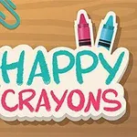 Barevné pastelky s veselými obličeji a nápisem HAPPY CRAYONS na dřevěném pozadí