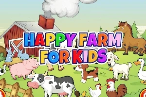 Veselá farma s kreslenými zvířaty, jako jsou kráva, kůň, prase a ovce, s barevným nadpisem