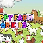 Veselá farma s kreslenými zvířaty, jako jsou kráva, kůň, prase a ovce, s barevným nadpisem