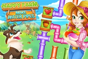 Veselá farmářka s kloboukem drží zeleninu, vedle ní je pes a barevné trubky s obrázky ovoce na pozadí krajiny