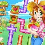 Veselá farmářka s kloboukem drží zeleninu, vedle ní je pes a barevné trubky s obrázky ovoce na pozadí krajiny