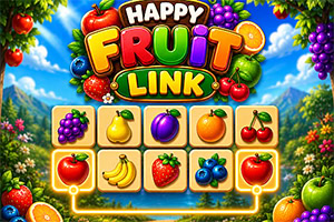 Barevná ovocná grafika s nápisem „Happy Fruit Link, mřížkou dlaždic s ovocem a zahradou v pozadí