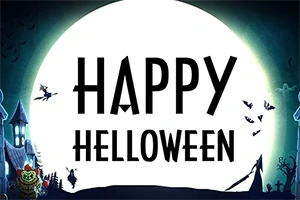 Velký bílý měsíc s nápisem Happy Helloween a siluetami strašidelných domů, netopýrů a čarodějky na koštěti