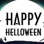 Velký bílý měsíc s nápisem Happy Helloween a siluetami strašidelných domů, netopýrů a čarodějky na koštěti