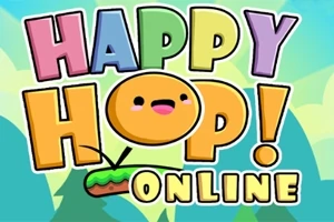 Barevná grafika s nápisem HAPPY HOP ONLINE se žlutou usměvavou tváří a malým ostrůvkem ve spodní části