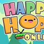 Barevná grafika s nápisem HAPPY HOP ONLINE se žlutou usměvavou tváří a malým ostrůvkem ve spodní části