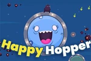 Usmívající se modrá postava s široce otevřenými ústy uprostřed, obklopená drobnými objekty a nápisem Happy Hopper na modrém pozadí