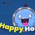 Usmívající se modrá postava s široce otevřenými ústy uprostřed, obklopená drobnými objekty a nápisem Happy Hopper na modrém pozadí