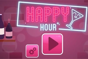 Neonový nápis HAPPY HOUR s obrázkem koktejlové sklenice, lahve na polici a dvě růžová tlačítka pro nastavení a spuštění na růžovém pozadí