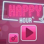 Neonový nápis HAPPY HOUR s obrázkem koktejlové sklenice, lahve na polici a dvě růžová tlačítka pro nastavení a spuštění na růžovém pozadí