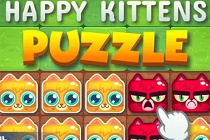 Barevné dlaždice s kreslenými koťaty na zeleném pozadí s textem Happy Kittens Puzzle