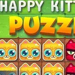 Barevné dlaždice s kreslenými koťaty na zeleném pozadí s textem Happy Kittens Puzzle