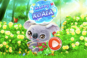Roztomilý kreslený koala v květinovém poli s velkým červeným tlačítkem a nápisem nahoře