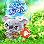 Roztomilý kreslený koala v květinovém poli s velkým červeným tlačítkem a nápisem nahoře