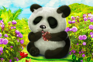Roztomilá panda sedící mezi keři plnými fialových květů a držící v tlapách jídlo