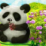 Roztomilá panda sedící mezi keři plnými fialových květů a držící v tlapách jídlo