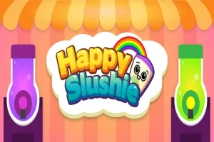 Barevná ilustrace s nápisem Happy Slushie s veselým obličejem a duhou uprostřed, obklopená dvěma nádobami s barevnými tekutinami