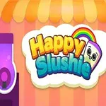 Barevná ilustrace s nápisem Happy Slushie s veselým obličejem a duhou uprostřed, obklopená dvěma nádobami s barevnými tekutinami
