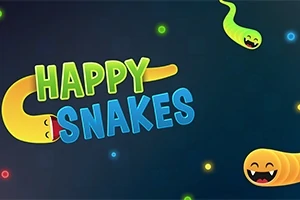 Barevný nápis Happy Snakes s dvěma usmívajícími se kreslenými hady na tmavém pozadí