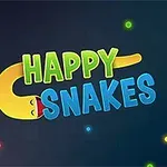 Barevný nápis Happy Snakes s dvěma usmívajícími se kreslenými hady na tmavém pozadí