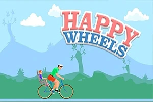 Happy Wheels Muž s dítětem jedoucí na kole v kreslené krajině s nápisem HAPPY WHEELS nahoře