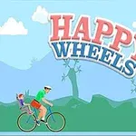 Happy Wheels Muž s dítětem jedoucí na kole v kreslené krajině s nápisem HAPPY WHEELS nahoře
