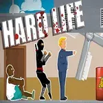 Nápis HARD LIFE nad postavami, včetně ninjy, muže v modrém obleku a sedícího člověka, s ventilátorem a barelem v pozadí