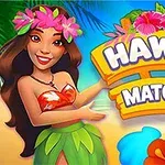 Žena s květinovým věncem na hlavě v havajském oblečení ukazuje na nápis Hawaii Match 4 s barevnými ornamenty