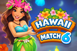 Usměvavá havajská tanečnice s květinovým věncem a nápis „HAWAII MATCH 6 na tropickém pozadí