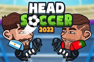 Dva kreslení fotbalisté s velkými hlavami v dresech Argentiny a Portugalska proti sobě míří míčem, s textem Head Soccer 2022 nahoře