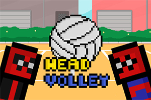 Dva pixelovaní postavy s červenými obleky a bílý míč uprostřed na barevném pozadí s textem „HEAD VOLLEY“