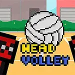 Dva pixelovaní postavy s červenými obleky a bílý míč uprostřed na barevném pozadí s textem „HEAD VOLLEY“