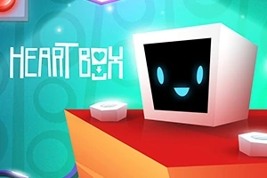 Kreslená kostka s usměvavým obličejem na barevné plošině s nápisem Heart Box