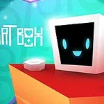 Kreslená kostka s usměvavým obličejem na barevné plošině s nápisem Heart Box