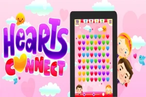 Barevné logo s nápisem Hearts Connect vedle obrázku tabletu zobrazujícího mřížku barevných srdíček s kreslenými postavičkami na růžovém pozadí