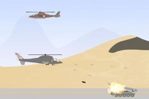 Dva vrtulníky letící nad pouštní krajinou útočí na hořící tank na silnici