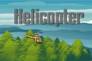 Helicopter Žlutý vrtulník letí nad zelenými stromy s modrou oblohou a nápisem Helicopter v pozadí