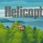 Helicopter Žlutý vrtulník letí nad zelenými stromy s modrou oblohou a nápisem Helicopter v pozadí