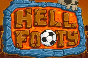 Barevný nápis HELL FOOTY na lávovém pozadí s fotbalovým míčem a lebkou