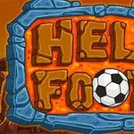 Barevný nápis HELL FOOTY na lávovém pozadí s fotbalovým míčem a lebkou