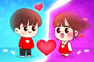 Roztomilá animace dvou postav s velkýma očima, chlapce v červeném svetru a dívky v červených šatech, srdce mezi nimi a barevným pozadím v modré a růžové