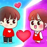 Roztomilá animace dvou postav s velkýma očima, chlapce v červeném svetru a dívky v červených šatech, srdce mezi nimi a barevným pozadím v modré a růžové