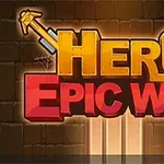 Barevný nápis HERO EPIC WAR s dvěma zkříženými zbraněmi na tmavém pozadí