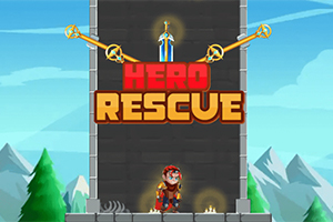 Hrdina v červeném brnění stojí před věží s nápisem Hero Rescue a horami v pozadí