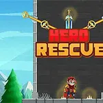 Hrdina v červeném brnění stojí před věží s nápisem Hero Rescue a horami v pozadí