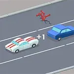 Modré a bílé auto jedou po silnici s bílými pruhy vedle znamení; uprostřed je červená postava a číslo +1