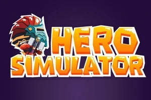 Barevný nápis Hero Simulator na fialovém pozadí s ilustrací bojovníka v helmici nalevo od textu